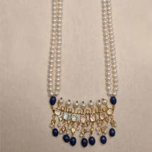Sha Jewellers Hyderabadi Style Tirmani featuring three pendants with brilliant CZ stones, genuine freshwater pearls, and cascading blue sapphire drops in intricate gold-tone setting - Traditional Nizami jewelry from Hyderabad