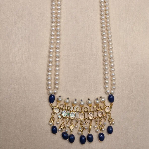 Sha Jewellers Hyderabadi Style Tirmani featuring three pendants with brilliant CZ stones, genuine freshwater pearls, and cascading blue sapphire drops in intricate gold-tone setting - Traditional Nizami jewelry from Hyderabad