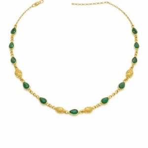 Sha Jewellers Handmade 22k Gold Pear Shape Emerald Chain with alternating golden ball design | Rhythmic Gemstone Necklace