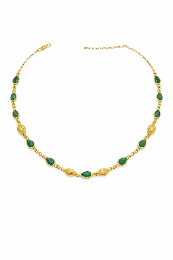 Sha Jewellers Handmade 22k Gold Pear Shape Emerald Chain with alternating golden ball design | Rhythmic Gemstone Necklace