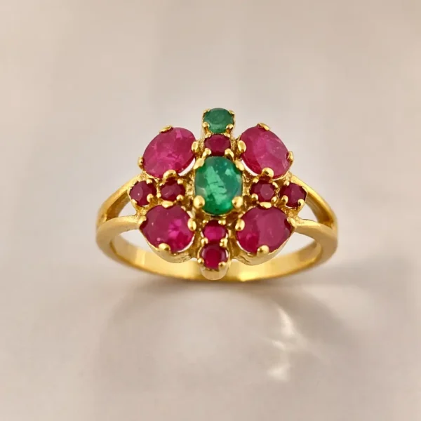 Sha Jewellers 22k Gold Ring with Center Emerald and Ruby Surround | Emerald Crowned by Rubies Statement Jewelry