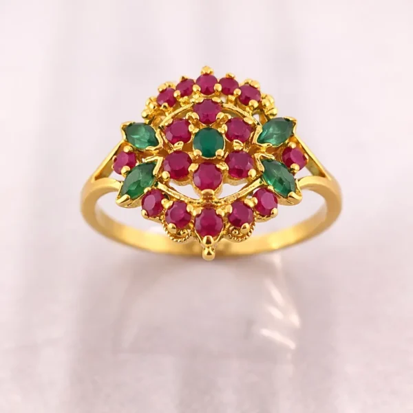 Sha Jewellers 22k Gold Center Emerald Ring with Ruby Halo | Emerald Crowned by Rubies Statement Jewelry
