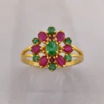 Sha Jewellers 22k Gold Ring with Central Emerald, 6 Emeralds and 6 Rubies | Thirteen-Stone Gemstone Jewelry