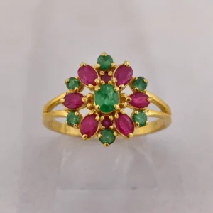 Sha Jewellers 22k Gold Ring with Central Emerald, 6 Emeralds and 6 Rubies | Thirteen-Stone Gemstone Jewelry