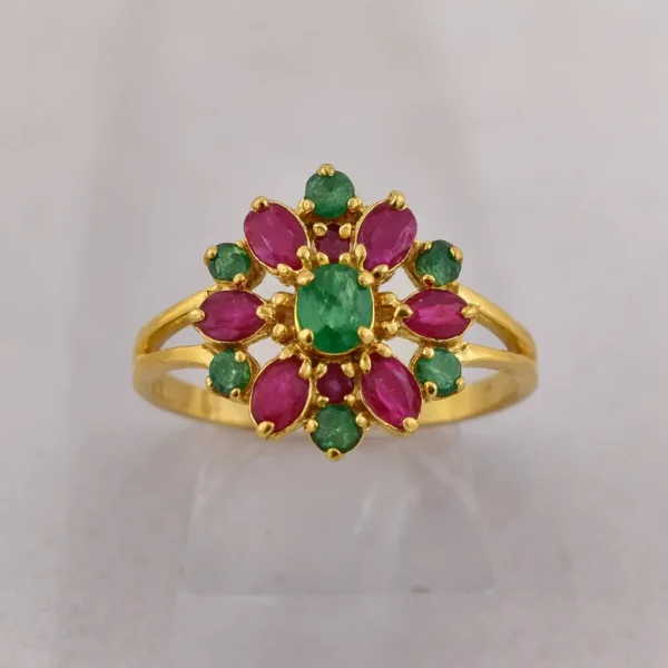 Sha Jewellers 22k Gold Ring with Central Emerald, 6 Emeralds and 6 Rubies | Thirteen-Stone Gemstone Jewelry