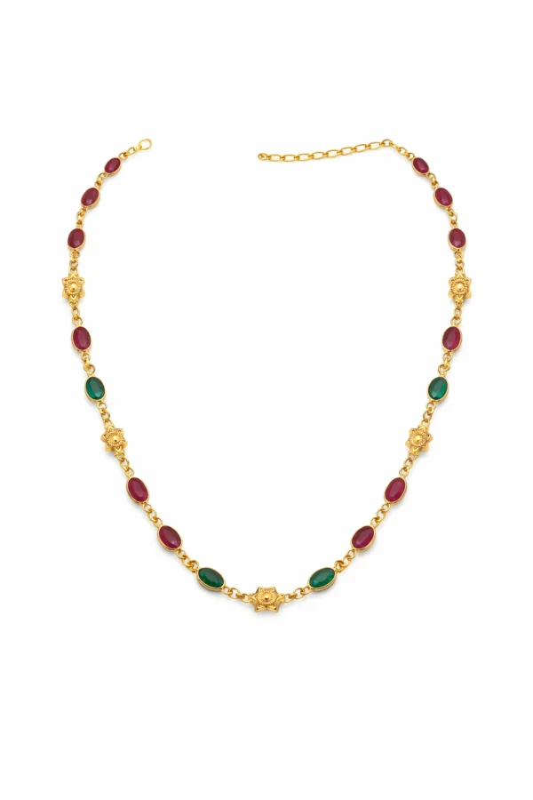 Sha Jewellers Handmade 22k Gold Emerald and Ruby Chain with golden stars between each gemstone set | Celestial Design Necklace
