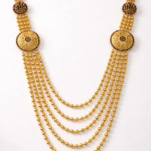 Sha Jewellers Heritage 22k Gold Five-Strand Ball Chain Chandan Haar with Four Blue Sapphire Side Pendants | Traditional Indian Necklace