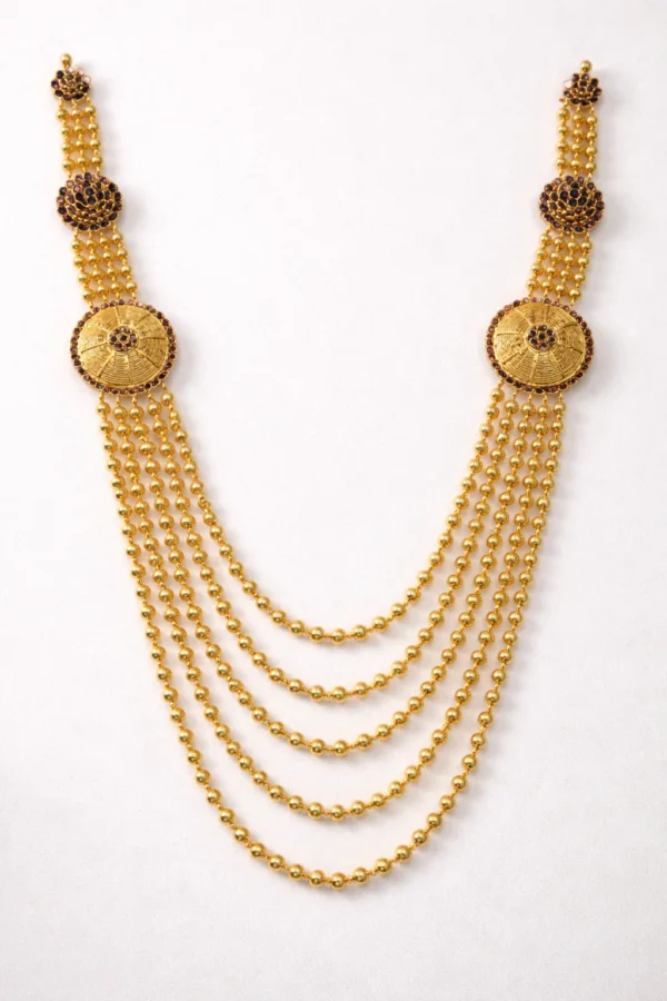 Sha Jewellers Heritage 22k Gold Five-Strand Ball Chain Chandan Haar with Four Blue Sapphire Side Pendants | Traditional Indian Necklace