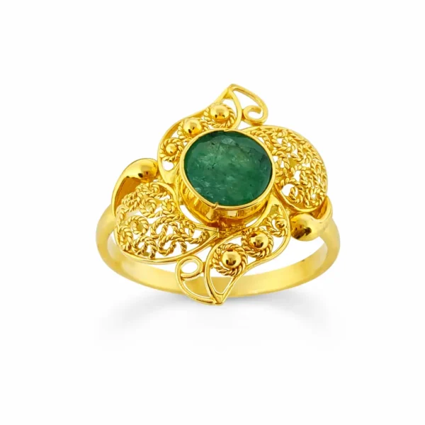 Sha Jewellers 22k Gold Floral Design Ring with Large Center Emerald | Nature Inspired Statement Jewelry