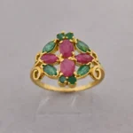 Sha Jewellers 22k Gold Floral Ring with 4 Large Oval Emeralds, 4 Oval Rubies and Accent Emeralds | Nature Inspired Gemstone Jewelry