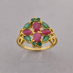 Sha Jewellers 22k Gold Floral Ring with 4 Large Oval Emeralds, 4 Oval Rubies and Accent Emeralds | Nature Inspired Gemstone Jewelry