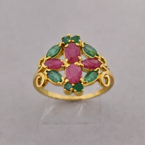 Sha Jewellers 22k Gold Floral Ring with 4 Large Oval Emeralds, 4 Oval Rubies and Accent Emeralds | Nature Inspired Gemstone Jewelry
