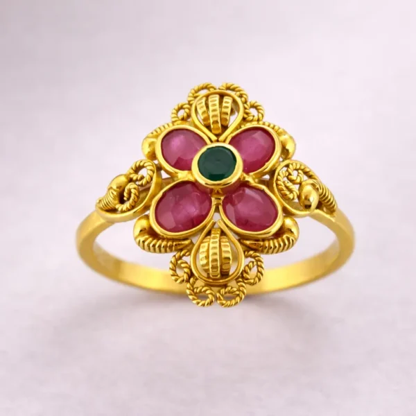 Sha Jewellers 22k Gold Floral Ring with Ruby Petals and Emerald Center | Nature Inspired Gemstone Jewelry