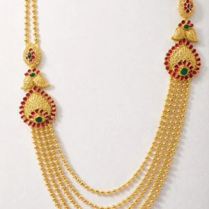 Sha Jewellers Heritage 22k Gold Four-Strand Layered Chandan Haar with Ruby and Emerald Side Pendants | Traditional Indian Necklace with Mango and Peacock Motifs