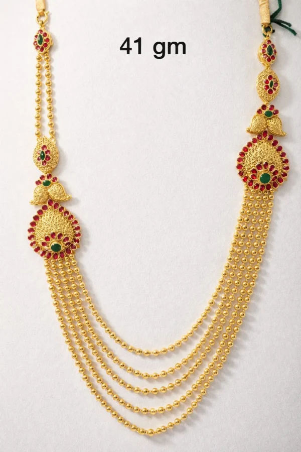 Sha Jewellers Heritage 22k Gold Four-Strand Layered Chandan Haar with Ruby and Emerald Side Pendants | Traditional Indian Necklace with Mango and Peacock Motifs