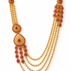 Sha Jewellers Heritage 22k Gold Four-Strand Ruby-Toned Ball Chain Chandan Haar with Side Brooches | Heirloom Necklace Symbolizing Purity, Peace and Prosperity