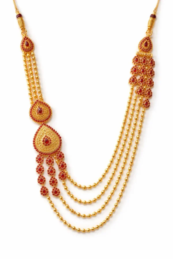 Sha Jewellers Heritage 22k Gold Four-Strand Ruby-Toned Ball Chain Chandan Haar with Side Brooches | Heirloom Necklace Symbolizing Purity, Peace and Prosperity