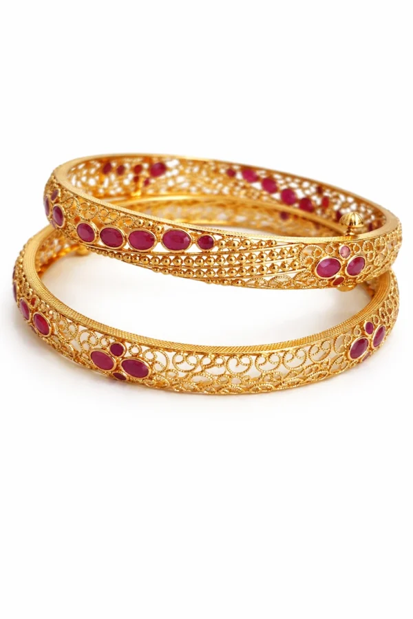 Sha Jewellers Heritage 22k Gold Ruby Bangles Set of 2 | Traditional Indian Ruby Bangles with Natural Gemstones