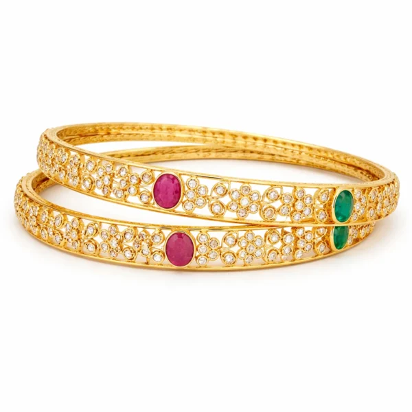 Sha Jewellers Heritage 22k Gold Ruby and Emerald Bangles Set of 2 | Traditional Indian Gemstone Bangles with Natural Rubies and Emeralds