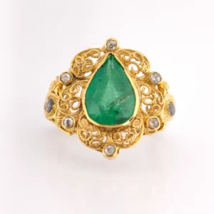 Sha Jewellers 22k Gold Ring with Large Center Emerald and Uncut Polki Diamonds | Majestic Statement Jewelry