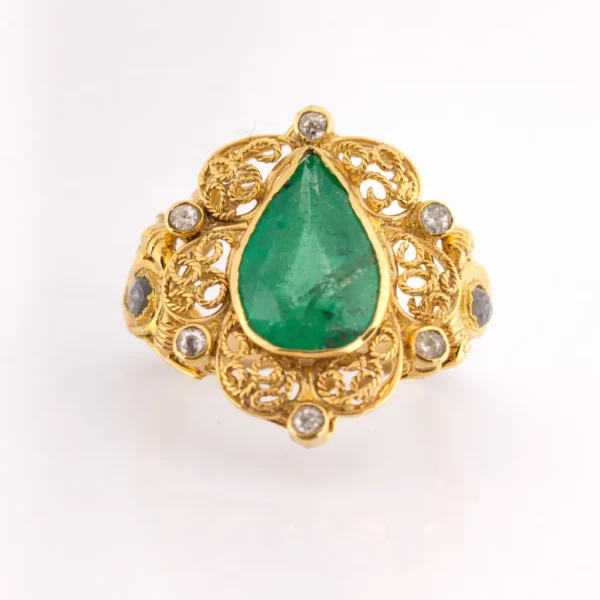 Sha Jewellers 22k Gold Ring with Large Center Emerald and Uncut Polki Diamonds | Majestic Statement Jewelry