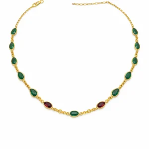 Sha Jewellers Handmade 22k Gold Pear Shape Emerald and Ruby Chain with bold natural gemstones | Alternating Green and Red Gemstone Necklace