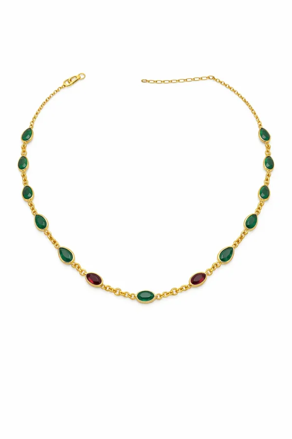 Sha Jewellers Handmade 22k Gold Pear Shape Emerald and Ruby Chain with bold natural gemstones | Alternating Green and Red Gemstone Necklace