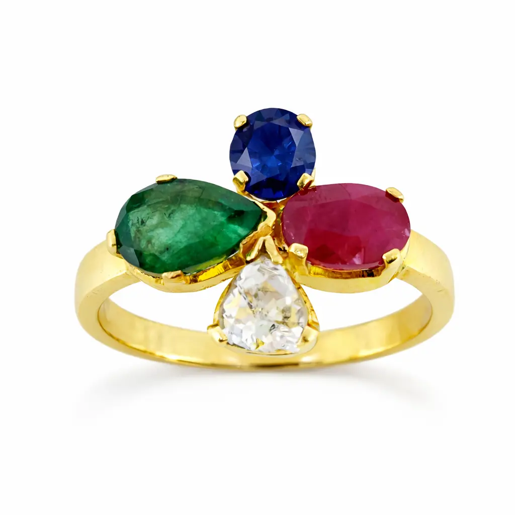 Sha Jewellers 22k Gold Four-Stone Ring with Blue Sapphire, Uncut Polki Diamond, Emerald and Ruby | Multi-Gemstone Traditional Jewelry