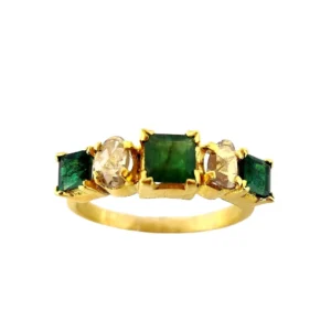 Sha Jewellers 22k Gold Five-Stone Band Ring with 2 Diamonds and 3 Emeralds | Diamond Emerald Stackable Jewelry