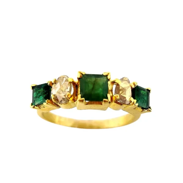 Sha Jewellers 22k Gold Five-Stone Band Ring with 2 Diamonds and 3 Emeralds | Diamond Emerald Stackable Jewelry