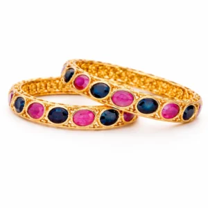 Sha Jewellers 916 Studded 22k Gold Bangles Set of 2 featuring alternating large blue sapphires and vibrant rubies in rhythmic series pattern