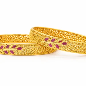 Sha Jewellers 916 Studded 22k Gold Bangles Set of 2 featuring intricate leaf design motifs arranged in rhythmic series pattern