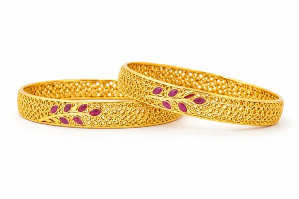 Sha Jewellers 916 Studded 22k Gold Bangles Set of 2 featuring intricate leaf design motifs arranged in rhythmic series pattern