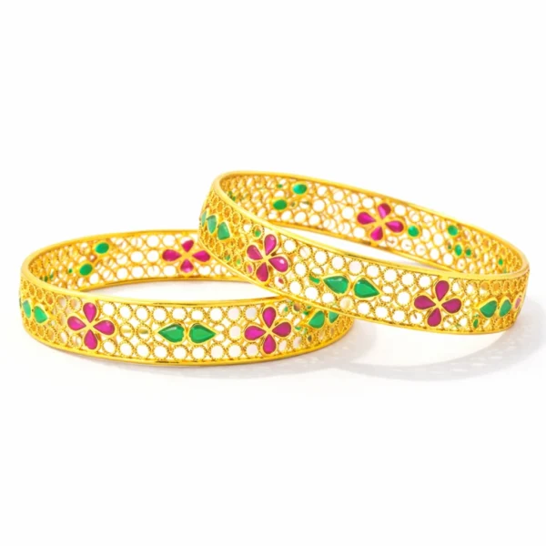 Sha Jewellers 916 Studded 22k Gold Bangles Set of 2 featuring oval green emeralds on both sides with floral design of rubies
