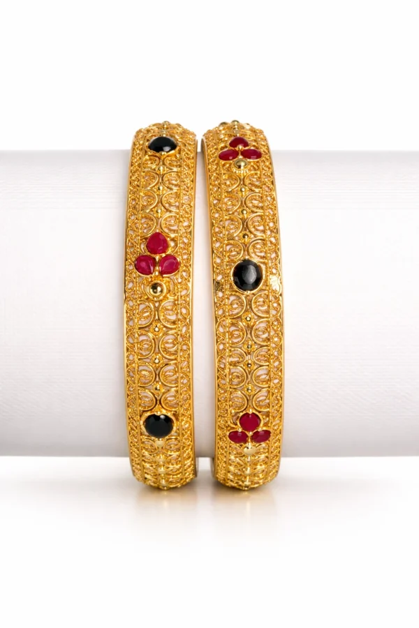 Sha Jewellers 916 Studded 22k Gold Bangles Set of 2 featuring series pattern of three rubies and one blue sapphire repeating around each bangle