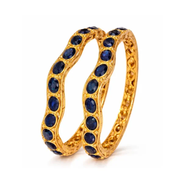 Sha Jewellers 916 Studded 22k Gold Wavy Silhouette Bangles Set of 2 featuring rhythmic series of deep blue sapphires along graceful curved design