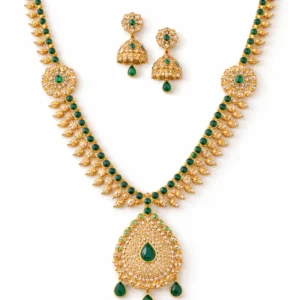 Sha Jewellers Classic Haar featuring natural emeralds and uncut polki diamonds | Traditional Indian Gemstone Necklace