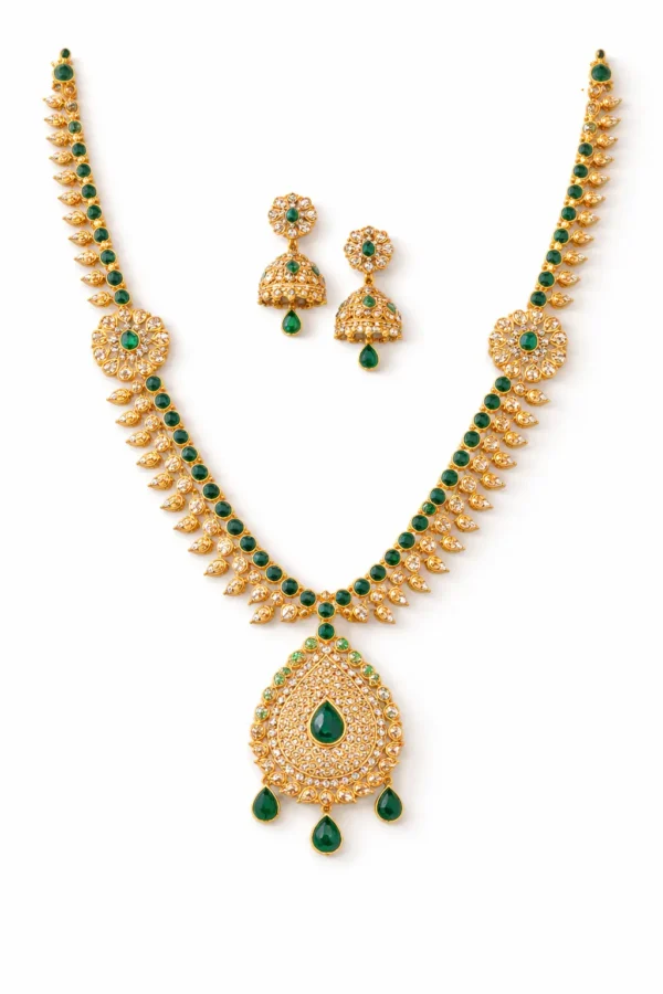 Sha Jewellers Classic Haar featuring natural emeralds and uncut polki diamonds | Traditional Indian Gemstone Necklace