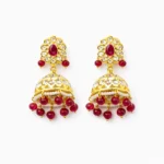 Sha Jewellers Floral Jhumka Earrings featuring teardrop ruby cabochon with CZ petal border, filigree bell with freshwater seed pearls, and cascading faceted ruby bead fringe