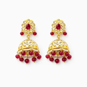 Sha Jewellers Floral Jhumka Earrings featuring teardrop ruby cabochon with CZ petal border, filigree bell with freshwater seed pearls, and cascading faceted ruby bead fringe