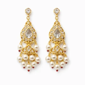 Sha Jewellers Jhumka-Style Drop Earrings with CZ stones on bell-shaped dome and cascading freshwater pearl drops