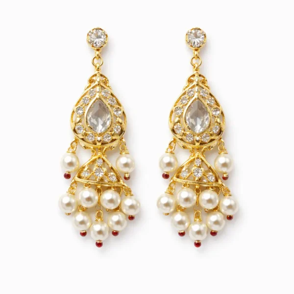 Sha Jewellers Jhumka-Style Drop Earrings with CZ stones on bell-shaped dome and cascading freshwater pearl drops