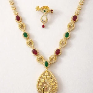 Sha Jewellers Peacock Motif Gemstone Haar and Earring Set featuring rubies, emeralds and white CZ stones in a teardrop pendant with matching drop earrings | Contemporary Temple-Style Jewelry