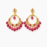 Sha Jewellers Nine Stone Pink Ruby and CZ Chand Bali Earrings with leaf-shaped top, alternating pink ruby and CZ hoop, and seven pink ruby fringe drops
