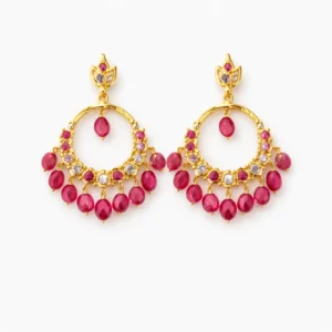 Sha Jewellers Nine Stone Pink Ruby and CZ Chand Bali Earrings with leaf-shaped top, alternating pink ruby and CZ hoop, and seven pink ruby fringe drops