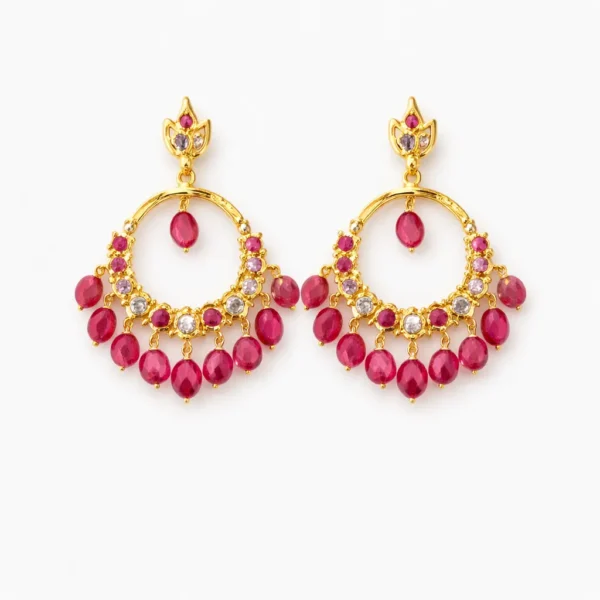Sha Jewellers Nine Stone Pink Ruby and CZ Chand Bali Earrings with leaf-shaped top, alternating pink ruby and CZ hoop, and seven pink ruby fringe drops