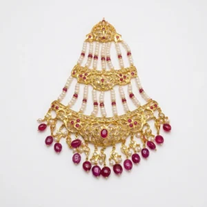 Sha Jewellers Ruby, Pearl and CZ Jhumar - Traditional Indian bridal side headpiece featuring cascading tiers of passionate red ruby stones, lustrous white South Sea pearls, and brilliant CZ accents in gold-tone setting