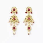 Sha Jewellers Ruby, Pearl and CZ Jhumka Earrings with teardrop ruby cabochon, CZ petal border, filigree dome with seed pearls, and ruby bead fringe