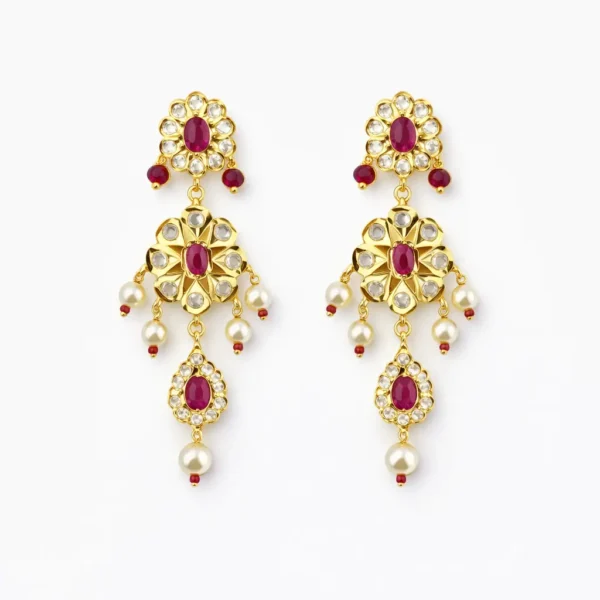 Sha Jewellers Ruby, Pearl and CZ Jhumka Earrings with teardrop ruby cabochon, CZ petal border, filigree dome with seed pearls, and ruby bead fringe
