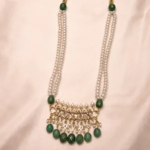 Sha Jewellers South Sea Pearl and Emerald Drop Necklace Set with matching earrings featuring two-strand pearl necklace, ornate pendant with ruby red stones and CZ, pearl and emerald fringe, and traditional sarafa adjustable cord